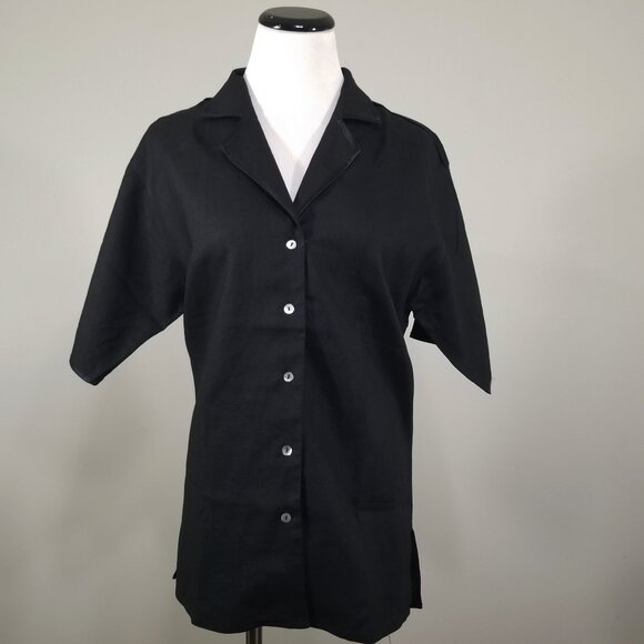 Vintage Bellagio S Black Linen Blouse Short Sleeve Top Western Yoke Satin Trim - Picture 8 of 9